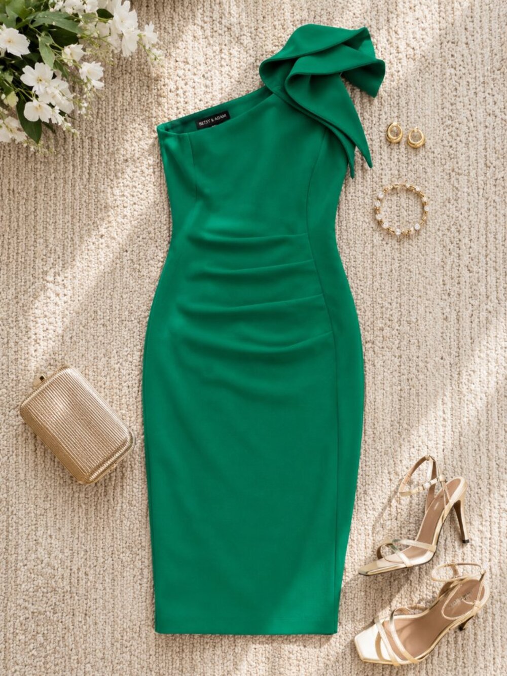 Betsy & Adam One Shoulder Green Ruffled Sheath Midi Dress 8 NWT Party
